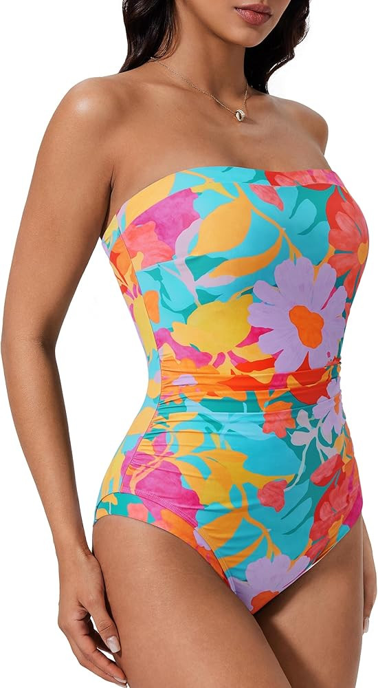 SUUKSESS Women One Piece Tummy Control Swimsuit Strapless Bandeau Bathing Suit | Amazon (US)