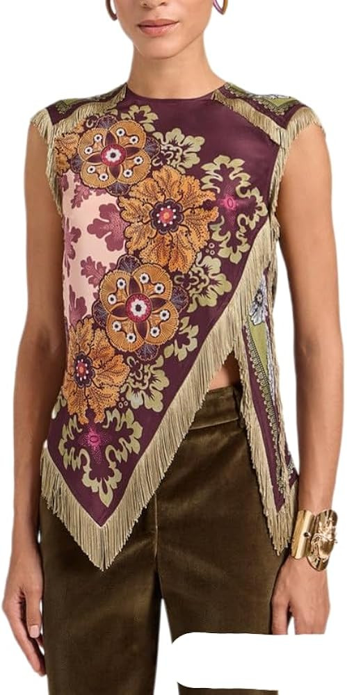 Women Vintage Floral Fringe Sleeveless Top, Asymmetric Hem Scarf Print Slim Crop Blouse | Amazon (US)