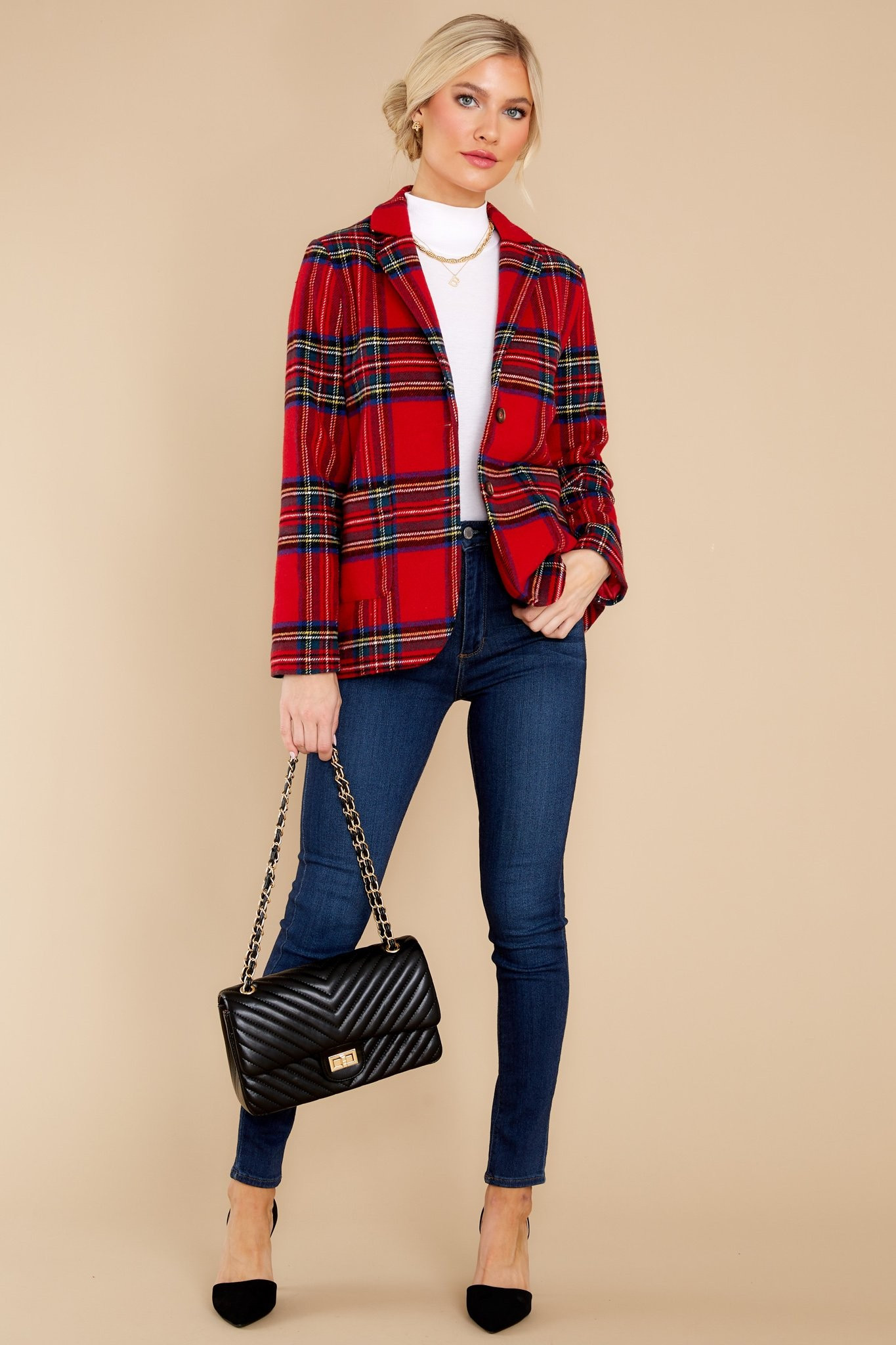 Dressed In Time Red Plaid Blazer | Red Dress 