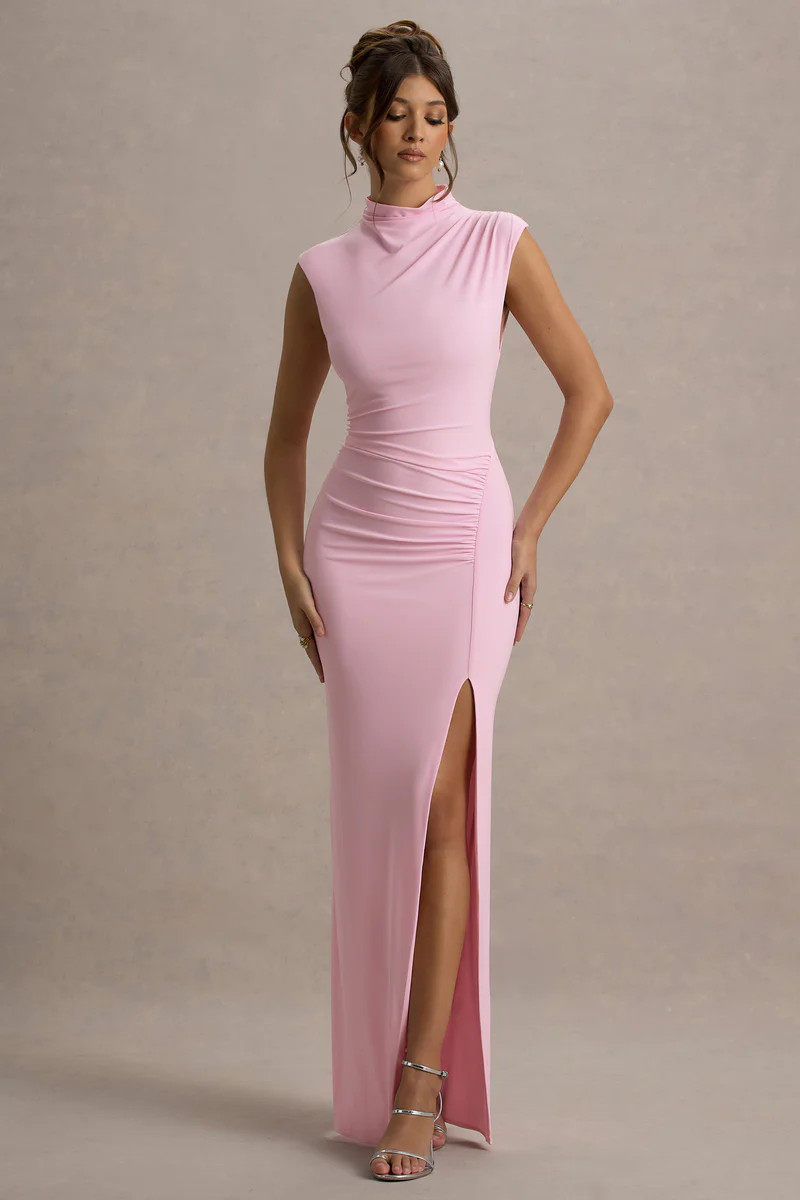 Lanetta  Pink Ruched High-Neck Maxi Dress With Split | Club L London