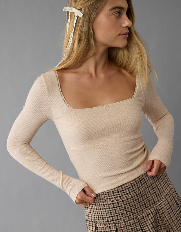AE Square Neck Lace Long-Sleeve T-Shirt | American Eagle Outfitters (US & CA)
