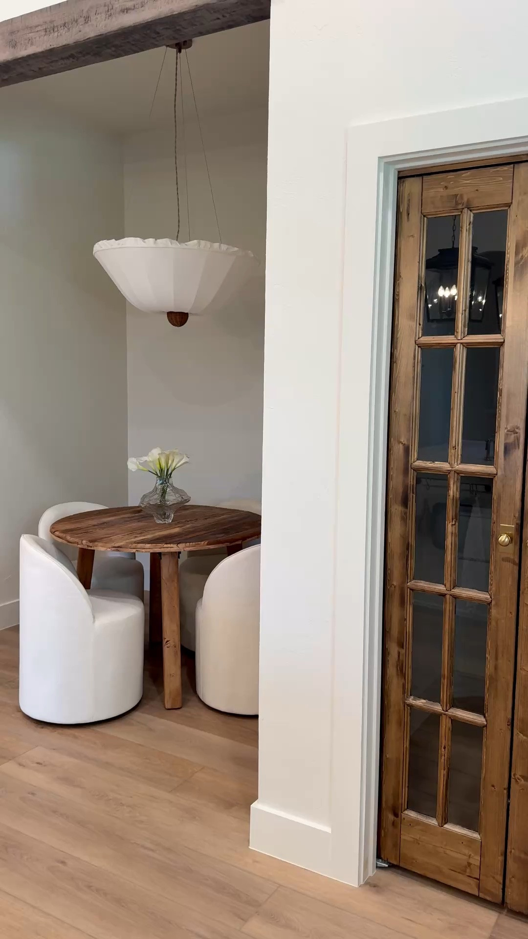 Small and affordable dining nook furniture. Plus I linked these bifold doors we stained! Affordable and immediately adds character. Loooove this pendant light from  @Lulu and Georgia