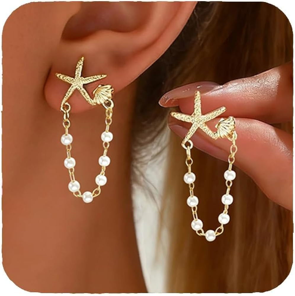 Starfish Earrings for Women Pearl Drop Seashell Earrings, Tropical Beach Ocean Dangle, Summer Vac... | Amazon (US)