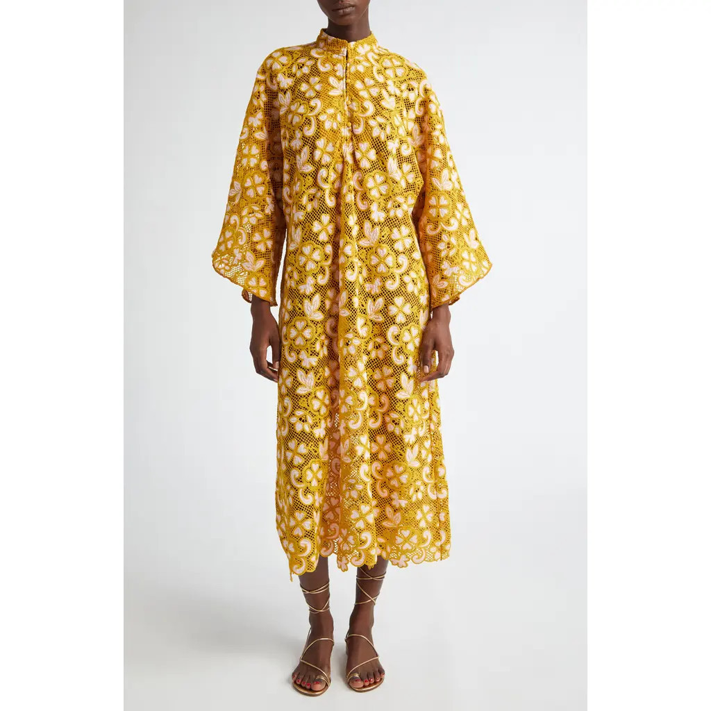 La Vie Style House Floral Lace Cover-Up Caftan in Mustard/Peach at Nordstrom | Nordstrom