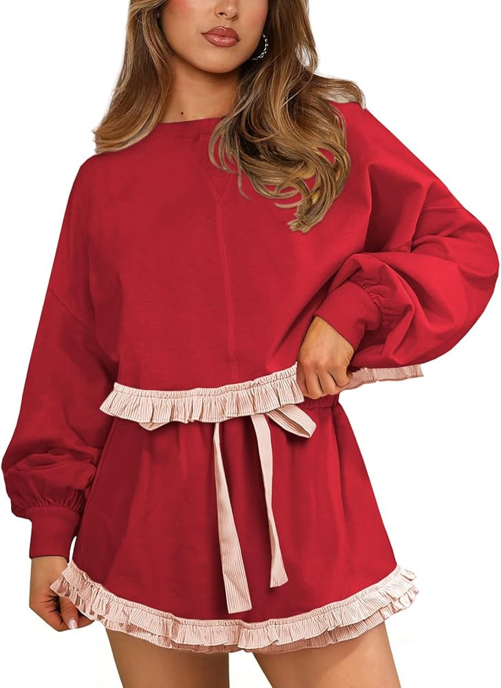 Womens 2 Piece Set Crewneck Sweatshirt Ruffle short Sets Fall Fashion cute tennis Matching Lounge... | Amazon (US)