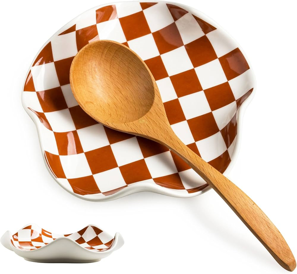 Kitchen Spoon Rest for Stove Top, Checkered Coffee Spoon Rest, Ceramic Spoon Holder for Kitchen C... | Amazon (US)