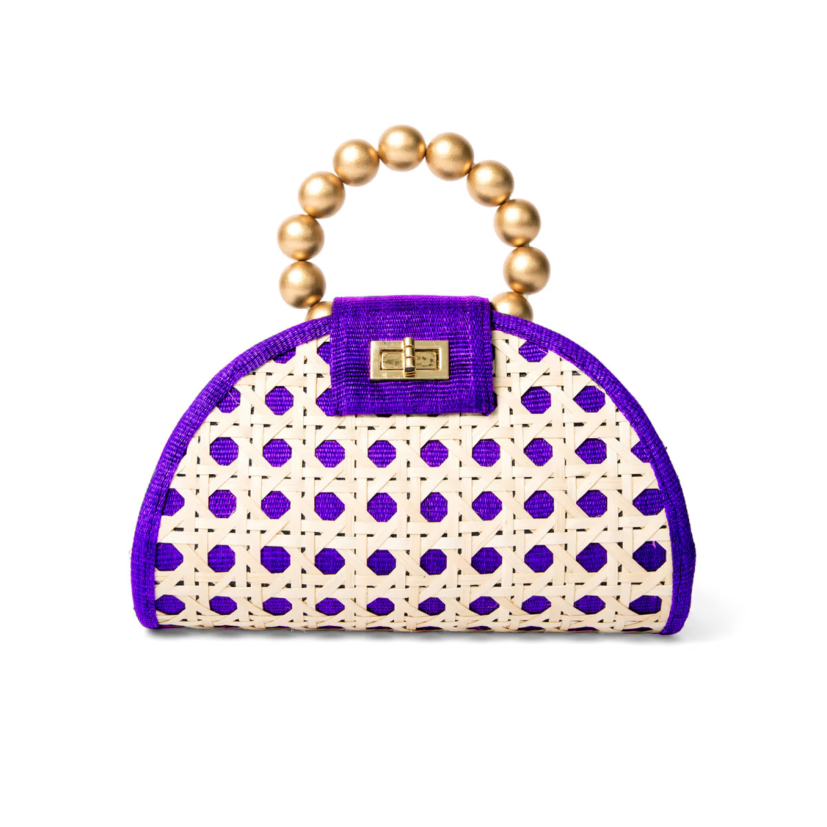The Bella Purple & Gold Bead Woven Rattan Handbag | Wolf & Badger