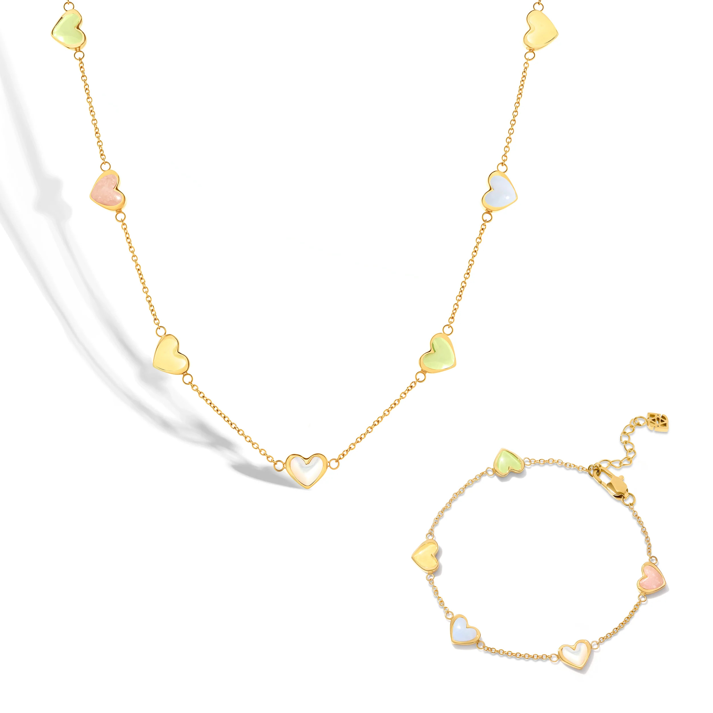 Multi Pastel Mini Hearts Necklace & Bracelet Set (Gold) | Abbott Lyon