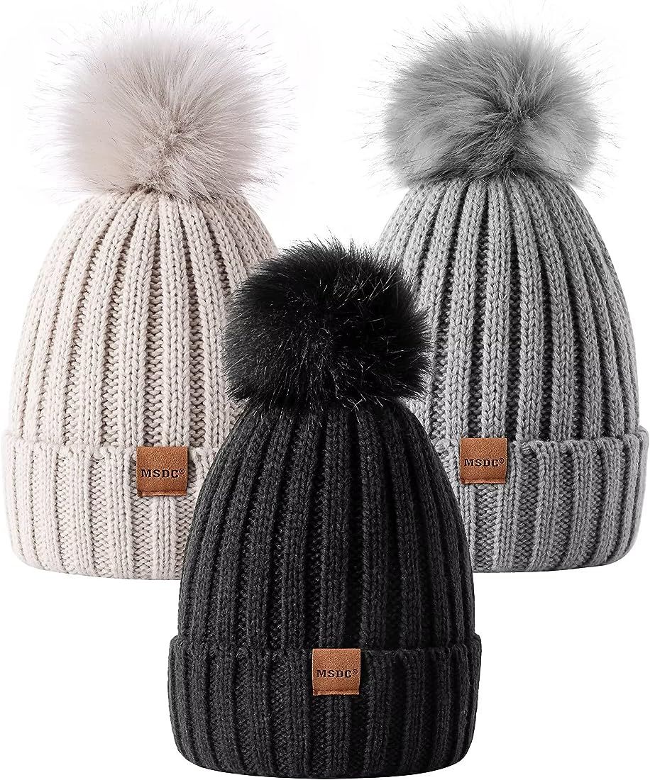 MSDC Beanie for Women with Pom Pom 3 Pack, Winter Hats for Women Fashionable Cable Knit Warm Skul... | Amazon (US)