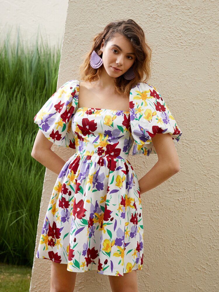 SHEIN Floral Print Puff Sleeve A-line Dress | SHEIN