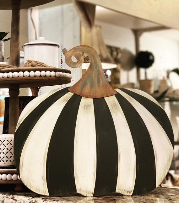 Fall/Halloween: Small Short Black & White Striped Pumpkin Metal Stake | Etsy (US)