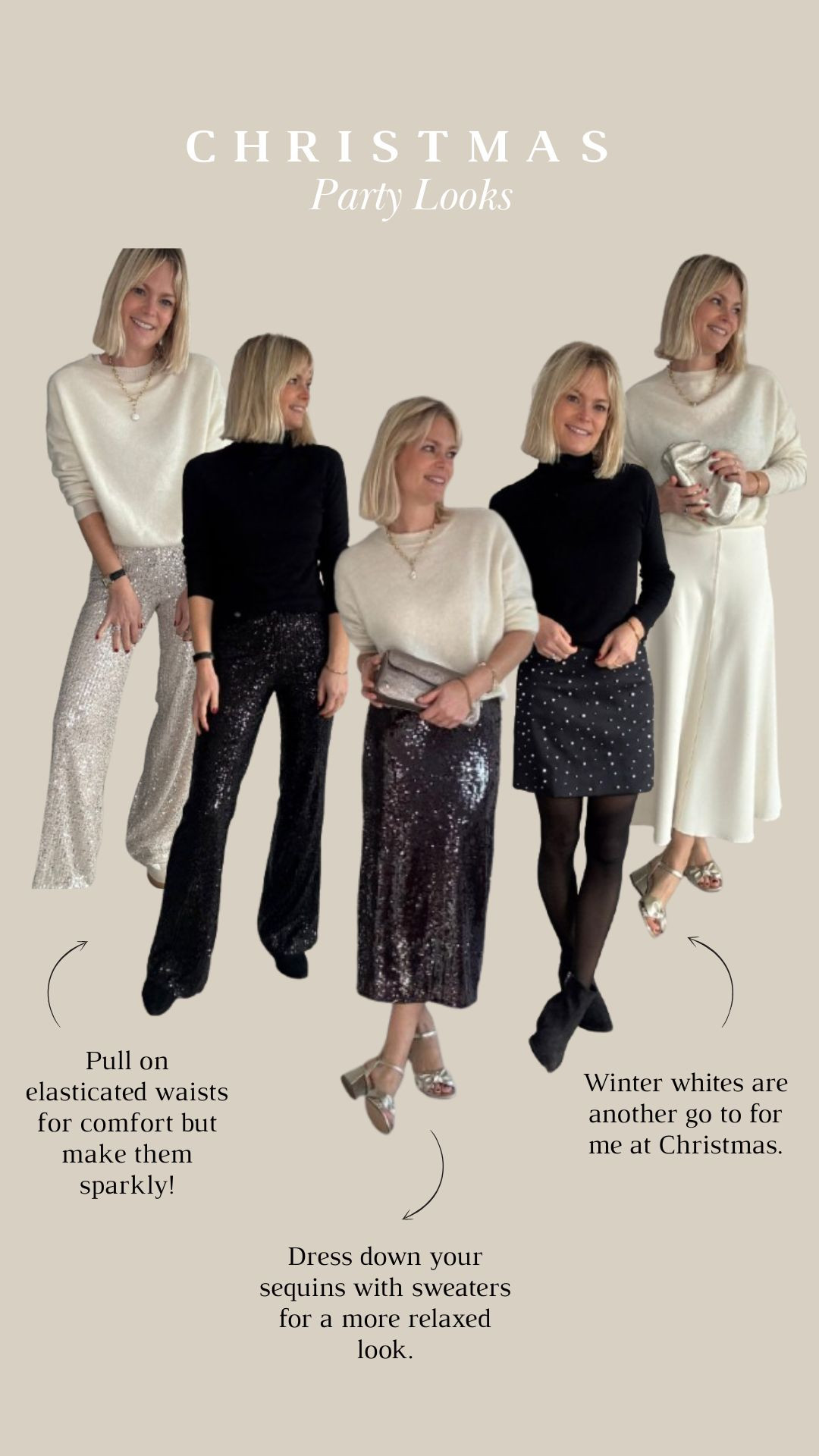 A mix of my favourite  party wear looks that I have worn over the years. 

My session trousers are a firm favourite - the pull on elasticated waist is always a winner! 

Dressing down sequins with knitwear and winter whites as a nice counterbalance to the dark days are always go to combinations for me. 

Many are old so I’ve linked current alternatives  

 

#LTKuk #LTKpartywear #LTKdatenight