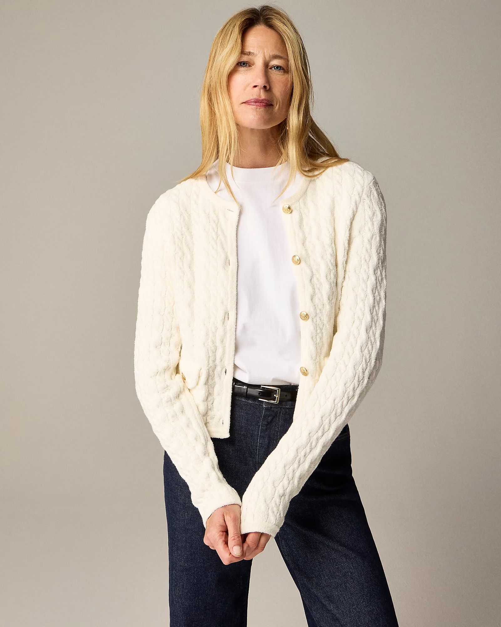 Odette cable-knit sweater lady jacket in cotton-blend boucl&eacute; | J. Crew US