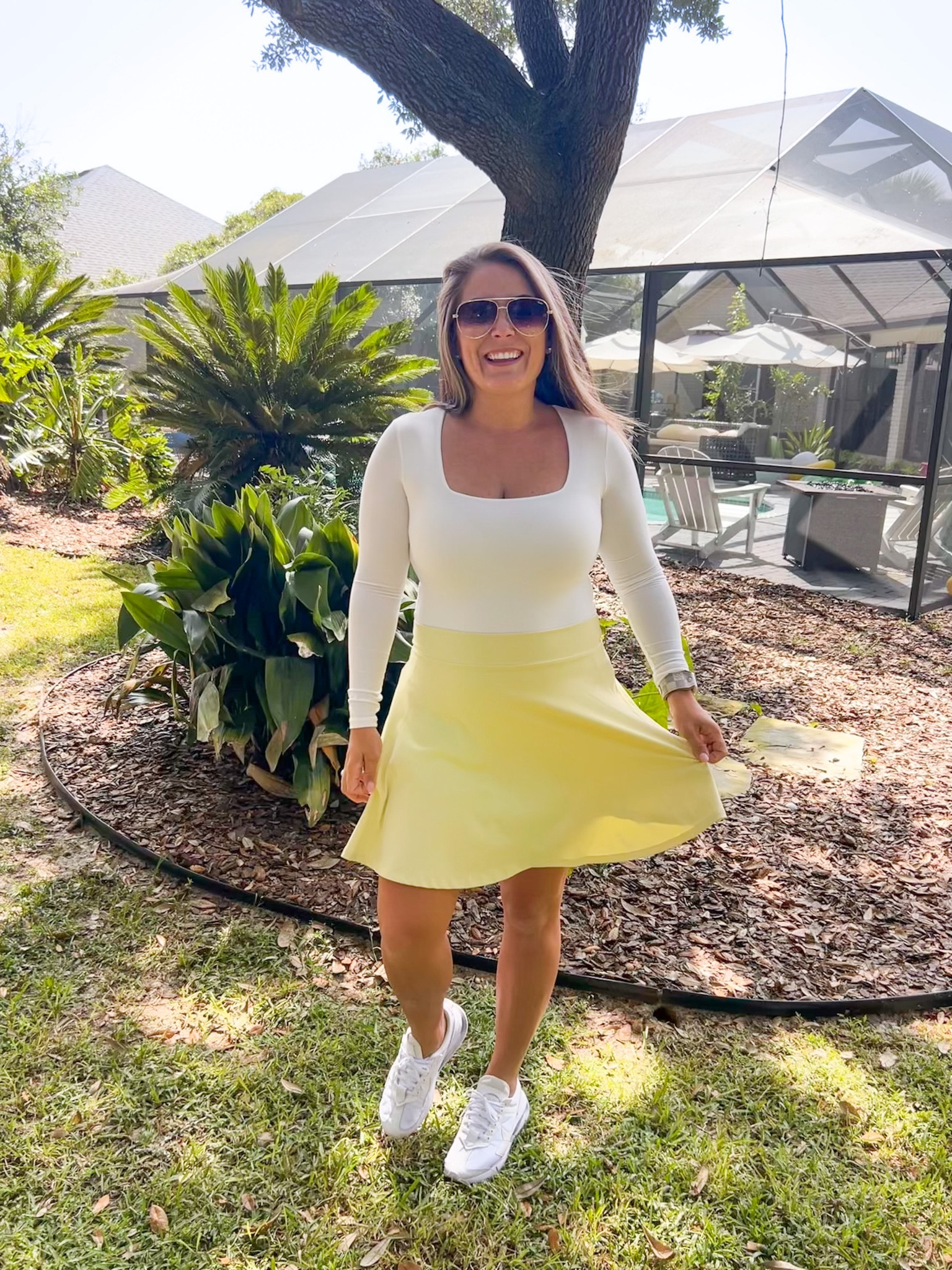 Tennis outfit, tennis skirt, amazon bodysuit size small, square neck body suit, workout clothes, gym outfit, cheer skirt, dance skirt with shorts under, white Nike shoes, big sunglasses, Florida fall outfits, warm weather fall outfit, golf outfit

#LTKmidsize #LTKfitness #LTKshoecrush