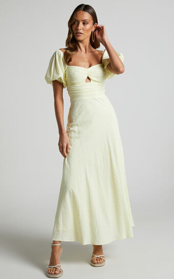 Vynna Scoop Neck Puff Sleeve Ruched Bust A Line Midi Dress in Butter Yellow | Showpo (ANZ)