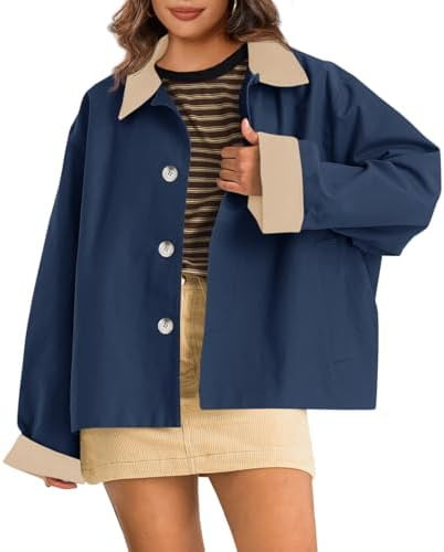Tankaneo Womens Barn Jackets Lightweight Casual Oversized Contrast Collar Jacket Crop Trench Coat... | Amazon (US)