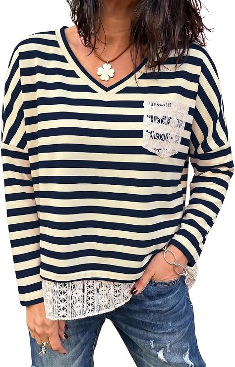 LOLONG Womens Striped Long Sleeve Loose Fit Tops V Neck Crochet Hem Blouse | Loose Fit; Pocket & ... | Amazon (US)