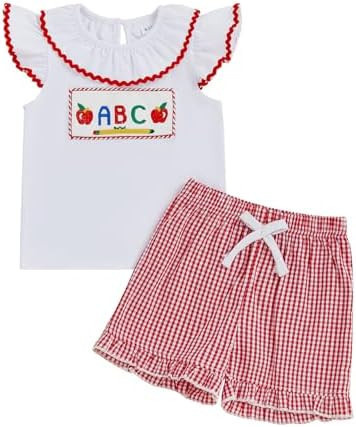 Bonangber Toddler Baby Girl Summer Clothes Letter Print Flying Sleeve Shirt Top Plaid Shorts Set ... | Amazon (US)