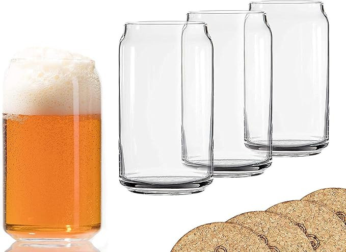 Ecodesign Drinkware Libbey Beer Glass Can Shaped 20 oz Beer Glasses 4 PACK w/coasters | Amazon (US)