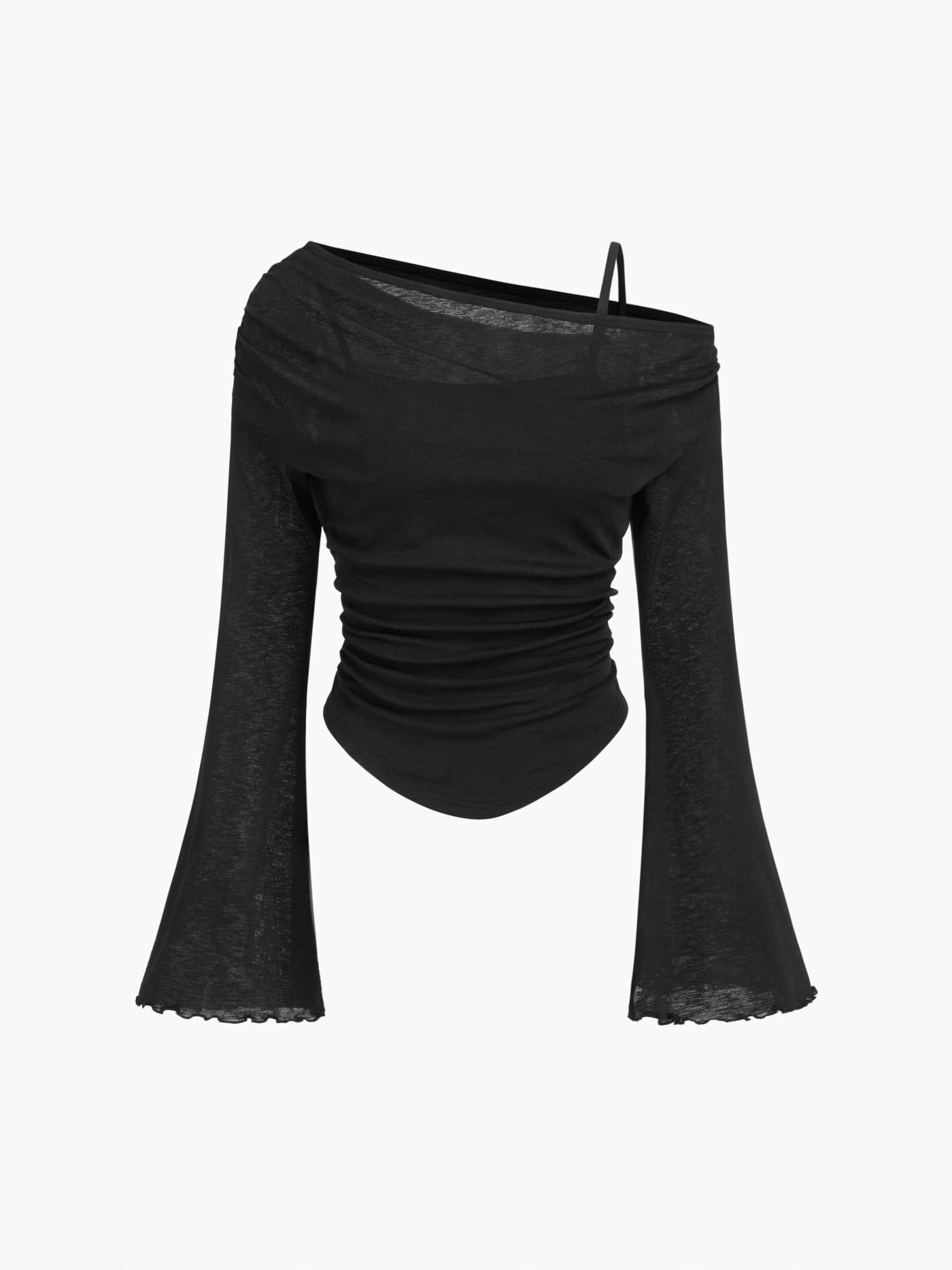 Knit Fabric Asymmetrical Neck Ruched Lettuce Trim Tee For Date | Cider