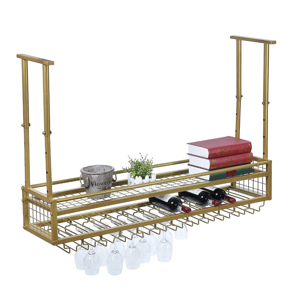 Ceiling Mounted Wine Rack and Glass Holder,Adjustable Industrial Wine Rack Shelf for Wall,2-Layer... | Amazon (US)