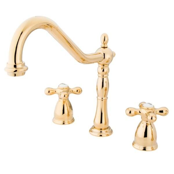 Kingston Brass Heritage Widespread Kitchen Faucet with Metal Cross - Polished Brass | Bed Bath & Beyond