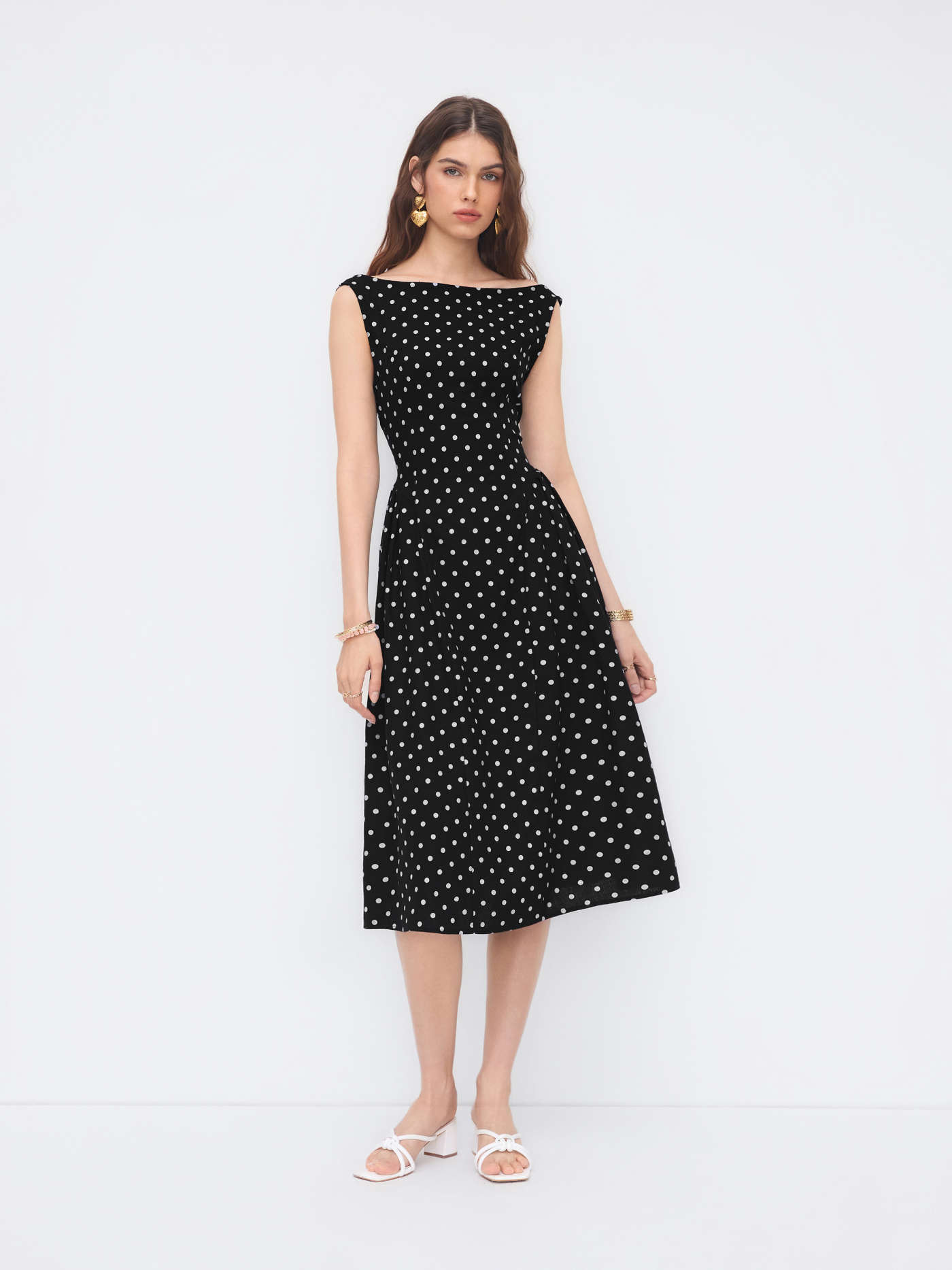 Linen-blend Boat Neck Polka Dot Backless Bowknot Midi Dress | Cider