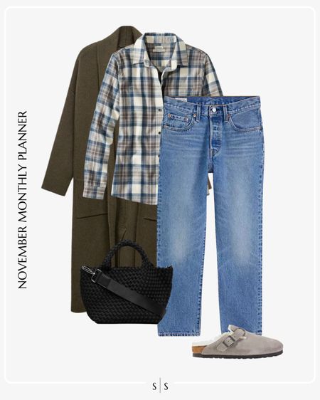 Monthly outfit planner: NOVEMBER Fall and Winter looks | olive long coat, plaid flannel button up, slim fit jean, Birkenstock clogs, woven tote, weekend wear, casual style 

See the entire calendar on thesarahstories.com ✨

#LTKstyletip