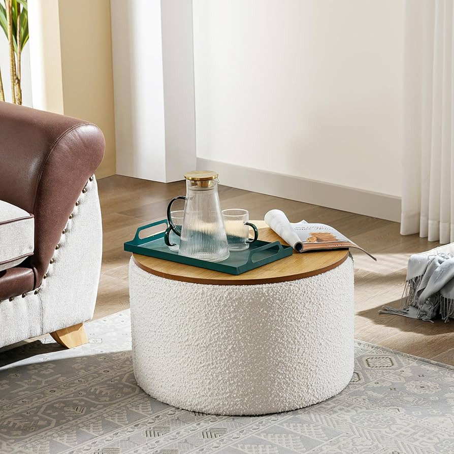 ONEVOG Large Ottoman Round Storage Ottoman with Wooden Lid, Living Room Round End Table No Assemb... | Amazon (US)