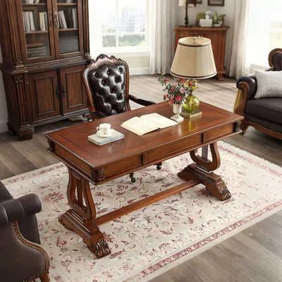 53.15"Brown Retro Rectangle Solid Wood Writing Desk,3-drawer | Wayfair North America