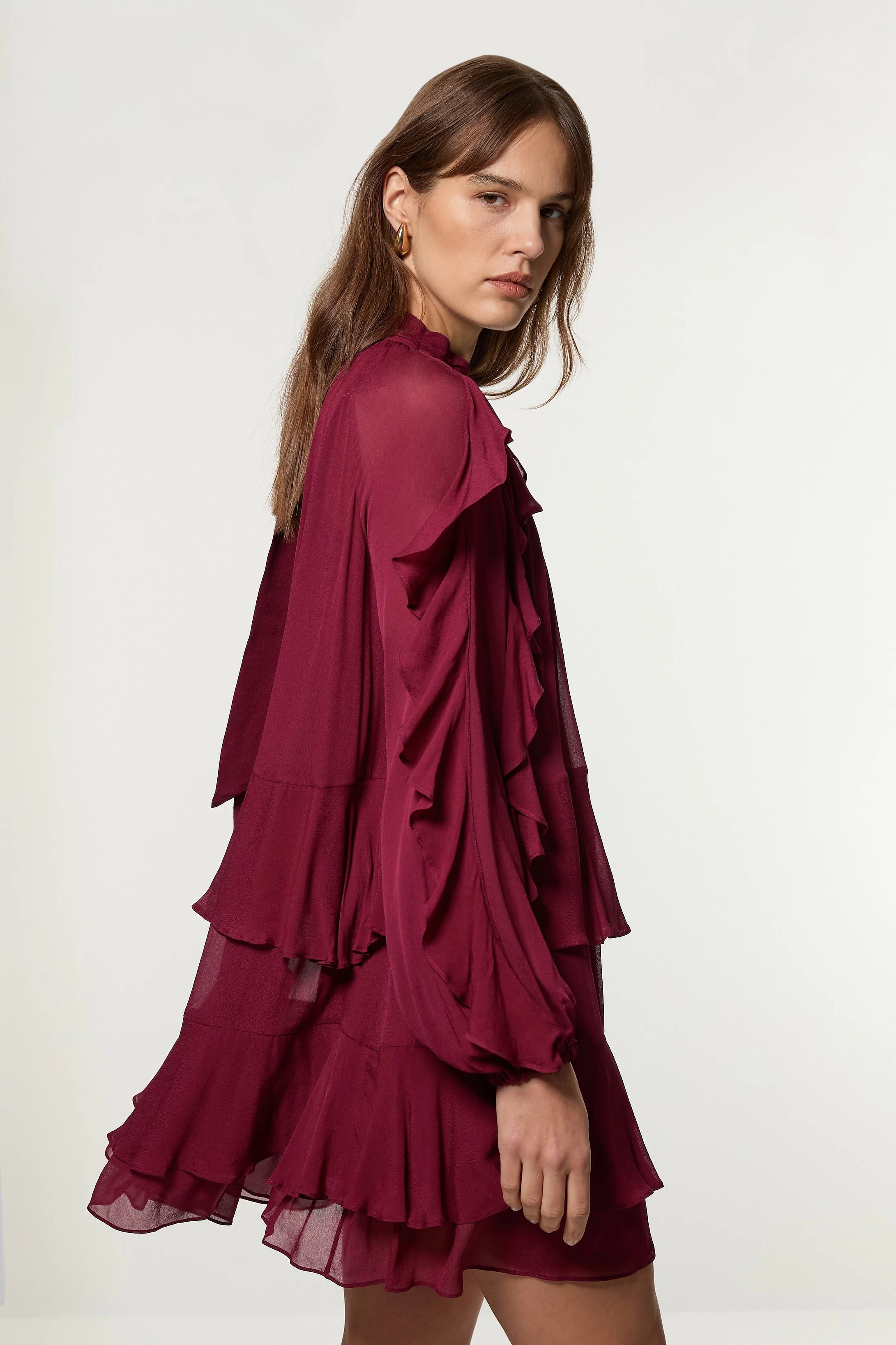 Drama Ruffle Viscose Georgette Woven Mini Dress | Karen Millen | Karen Millen US