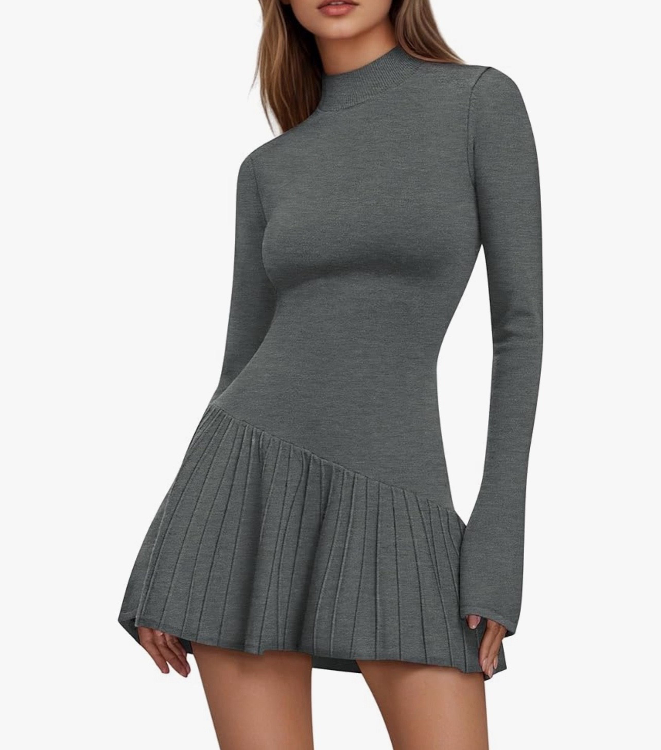 Women's Sweater Dress Crochet Ribbed Knit Ruffle Hem Flared Long Sleeve Mock Neck Mini Dress. Comes in 7 colors. Size S-XXL

#LTKFindsUnder50