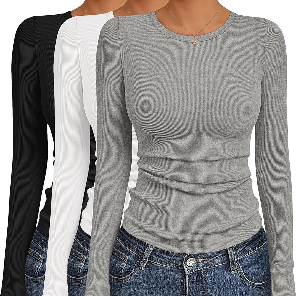 Ekouaer Women's Long Sleeve Shirts 3 Packs Crew Neck Stretchy Fitted Tops Ribbed Base Layer Soft ... | Amazon (US)