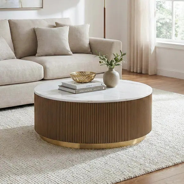 Furniture of America Torin Modern Genuine Marble Top Round Coffee Table - Brown | Bed Bath & Beyond