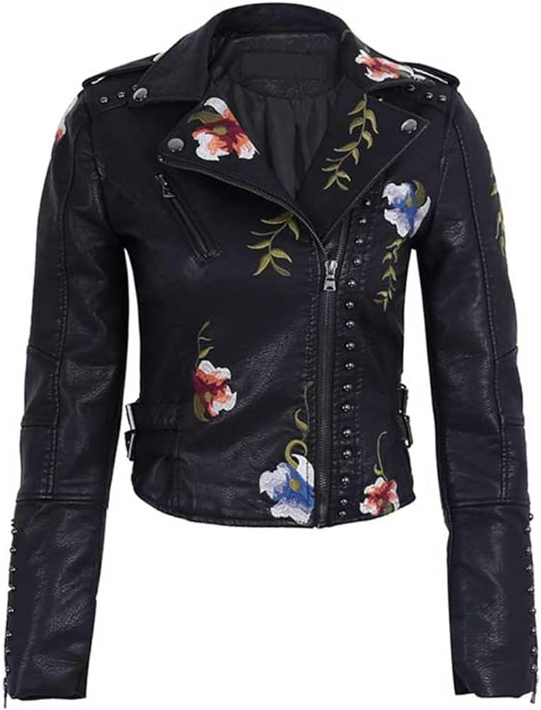 Women's Embroidered Studded Faux Leather Jacket Moto Punk Jacket Floral Coat | Amazon (US)