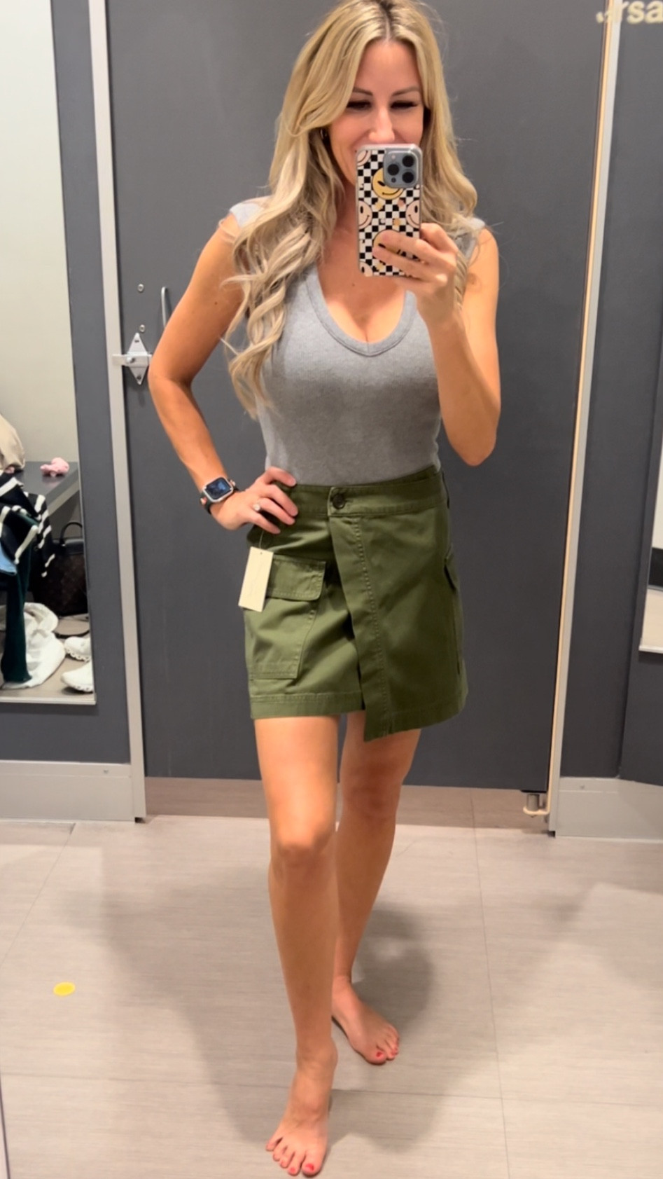 Loving this army green skirt! 
I’m a 0 
Xs in the bodysuit 
