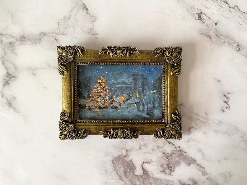 Christmas tree oil painting Winter city night landscape oil painting Framed tiny painting Christm... | Etsy (US)