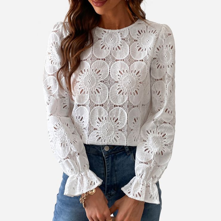 Women's Long Sleeve Embroidered Floral Eyelet Blouse Shirt- Cupshe - White | Target