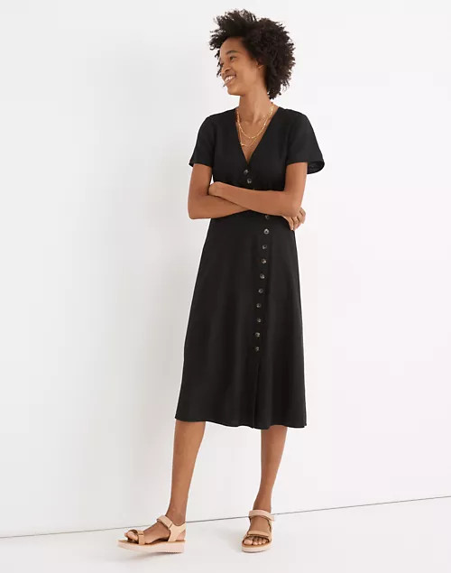 Linen-Blend Button-Wrap Midi Dress | Madewell