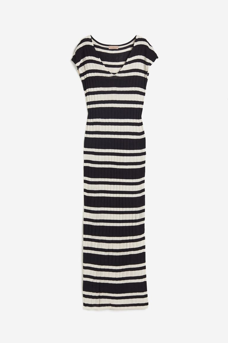 Rib-knit Dress - V-neck - Sleeveless - Black/striped - Ladies | H&M US | H&M (US + CA)