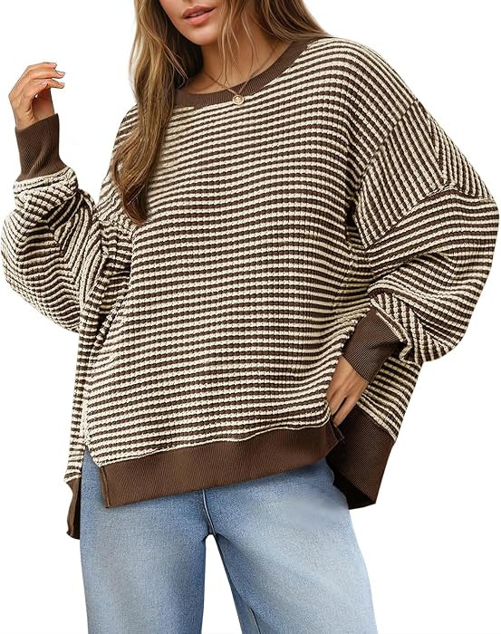 Fisoew Women's Fall Oversized Sweatshirt Casual Waffle Knit Long Sleeve Crewneck Split Pullover Tunic Tops | Amazon (US)