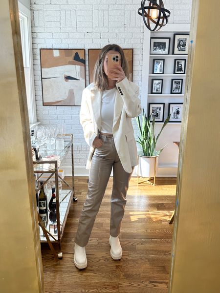 Monochromatic neutral outfit 
Oversized blazer
White tee 
Faux leather pants 
Chelsea boots 

#LTKSeasonal #LTKSpringSale #LTKover40