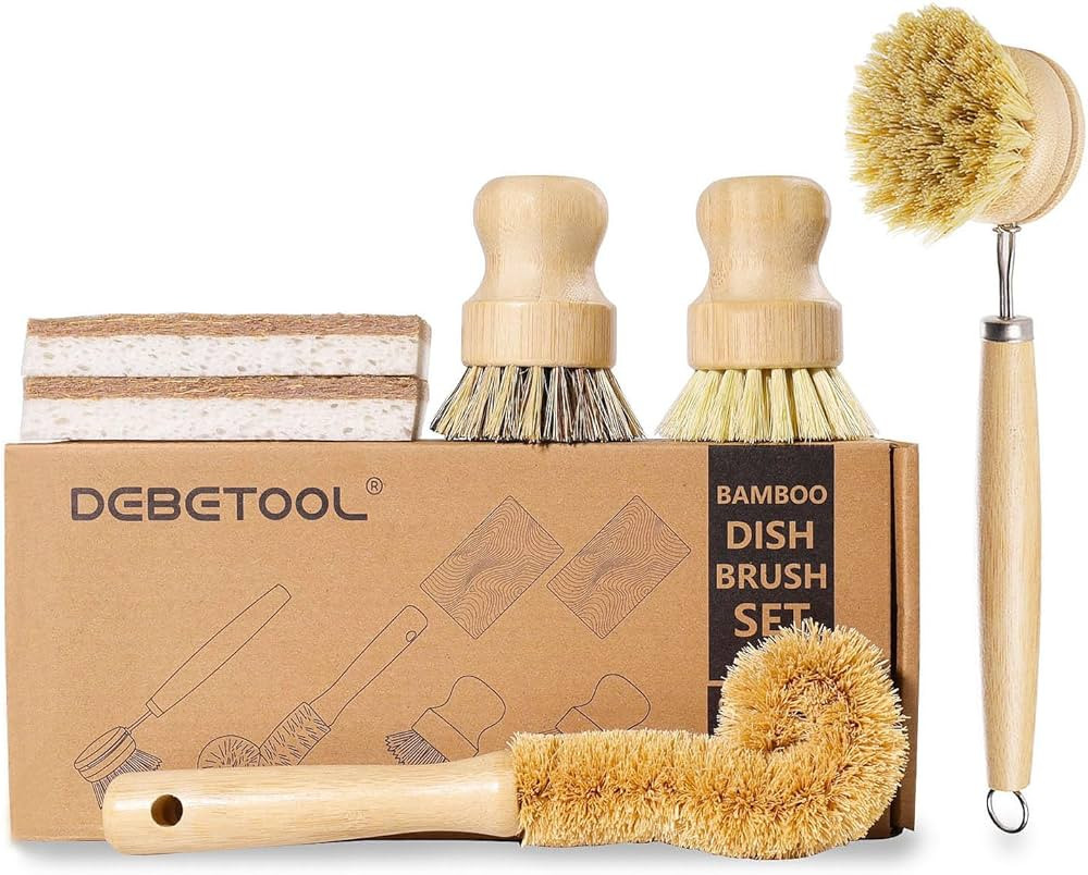 6 Piece Bamboo Dish Brush Set with Coconut Sponge - Wooden Dish Brush with Sisal and Palm Fiber, ... | Amazon (US)