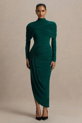 Aneira | Bottle Green High-Neck Maxi Dress With Cape Sleeves | Club L London