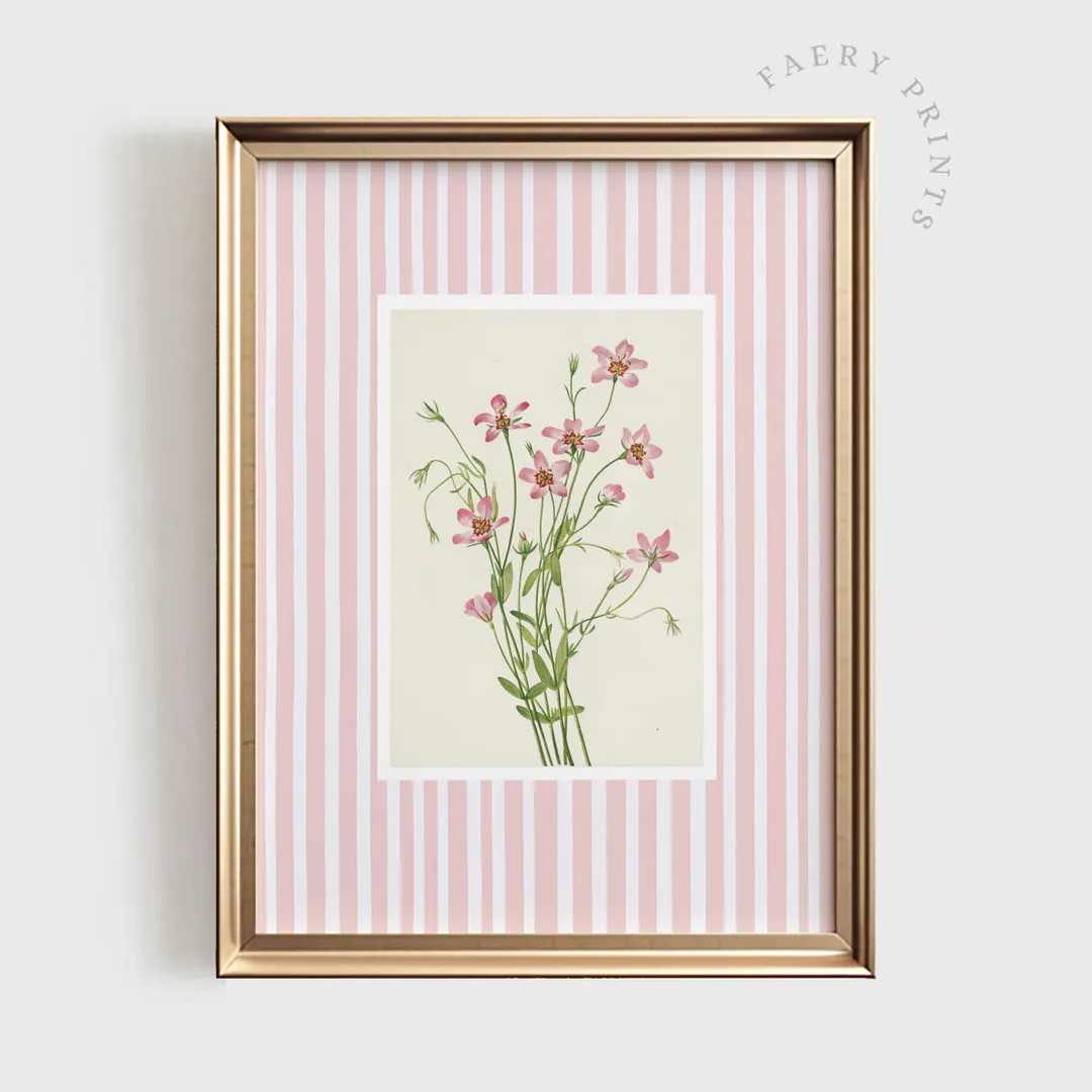 Pink Vintage Floral Print | Pastel Pink Stripe PRINTABLE Wall Art | Elegant Baby Girl Nursery Dec... | Etsy (US)