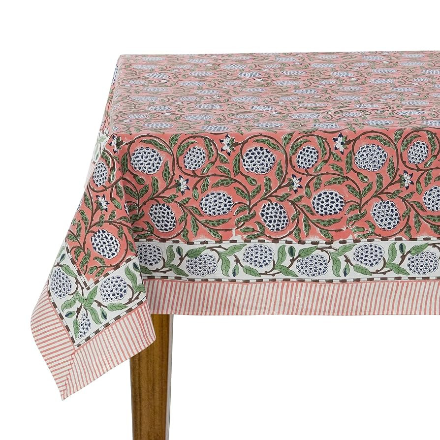 Ridhi -Dark Salmon Cotton Tablecloth, Handblock Print Floral Table Cloth for Kitchen Dining Linen... | Amazon (US)