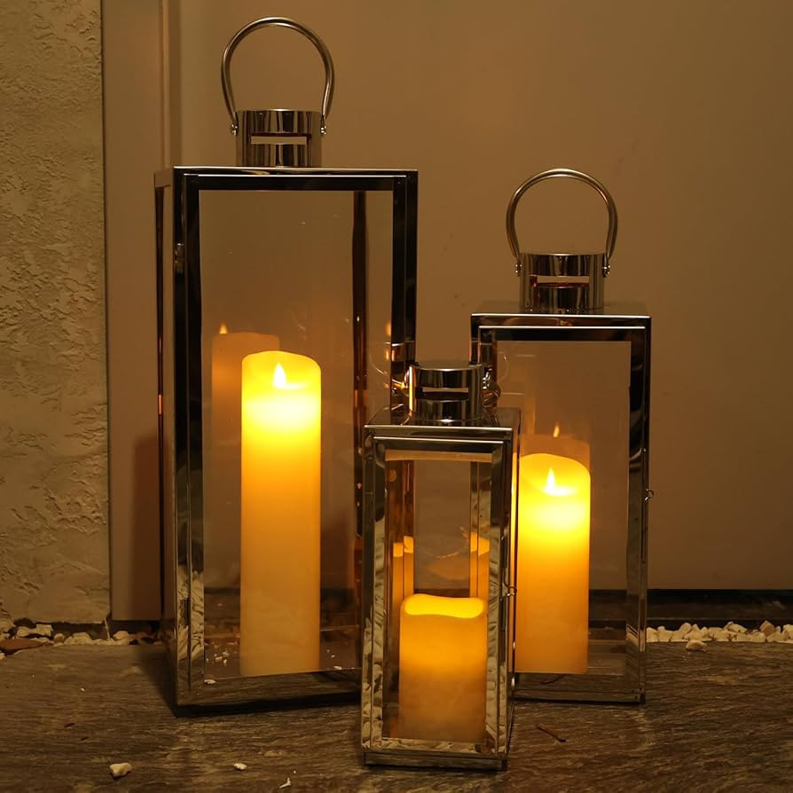 DECORKEY Stainless Lanterns Decorative Outdoor & Indoor, Set of 3 Outdoor Lanterns for Porch, 25'... | Amazon (US)