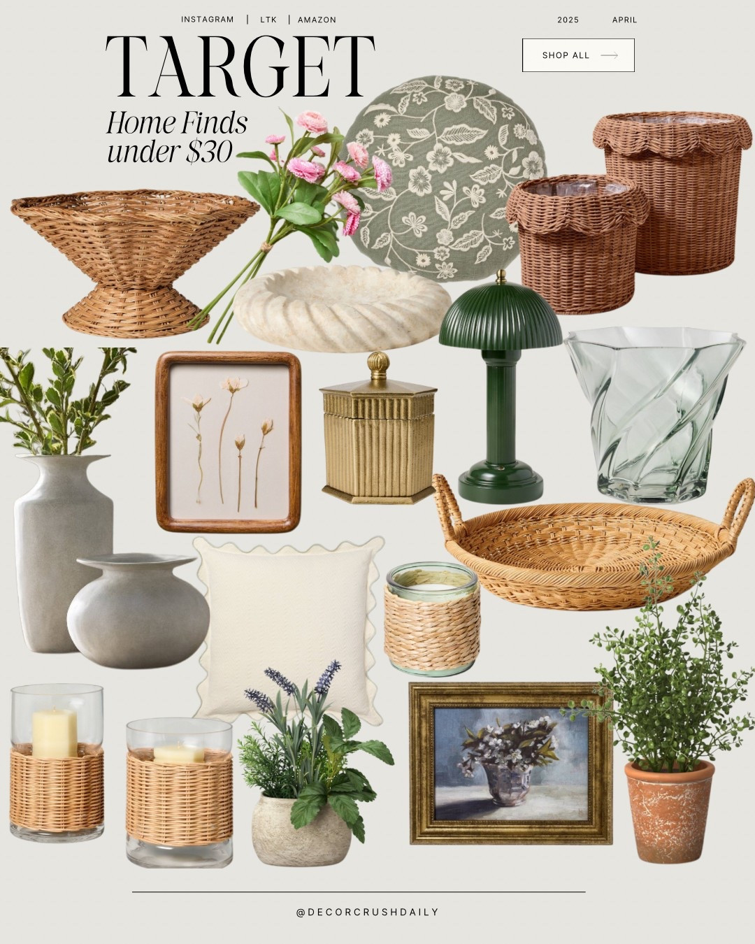 Target Home Decor Finds under $30

Lamp // Wicker basket // Hurricane // Ceramic Vase // Candle // Faux Plant // Marble Dish // Wall Art // Pillow // Planter // Decorative Box // Woven Bowl // Studio Mcgee // Magnolia

#LTKStyleTip #LTKHome #LTKFindsUnder50