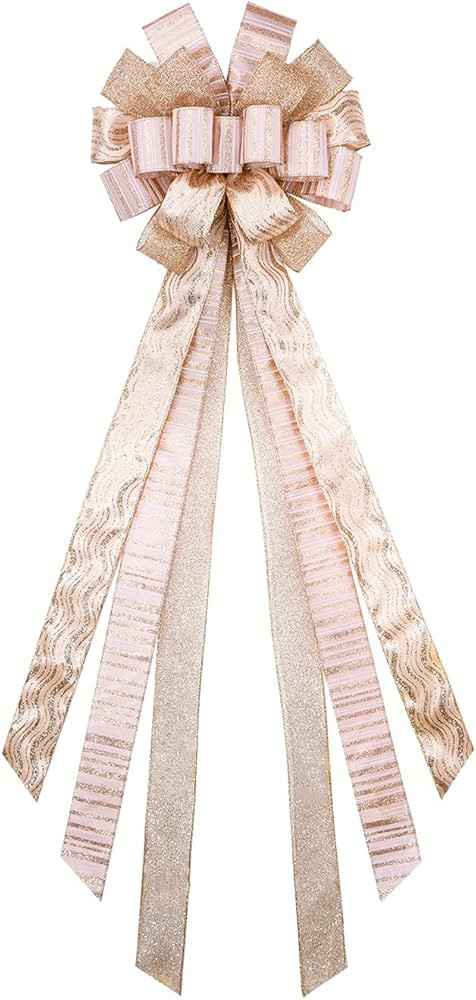 Christmas Tree Topper Wreath Bow Large Champagne Christmas Bow Tree Topper Glitter Ribbon Gift Bo... | Amazon (US)