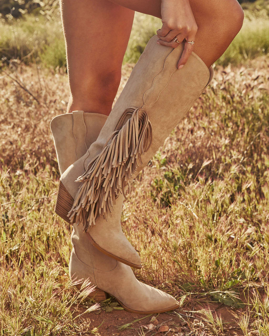 Boho Canyon Faux Suede Fringe Western Boots Light Beige / 6 | VICI